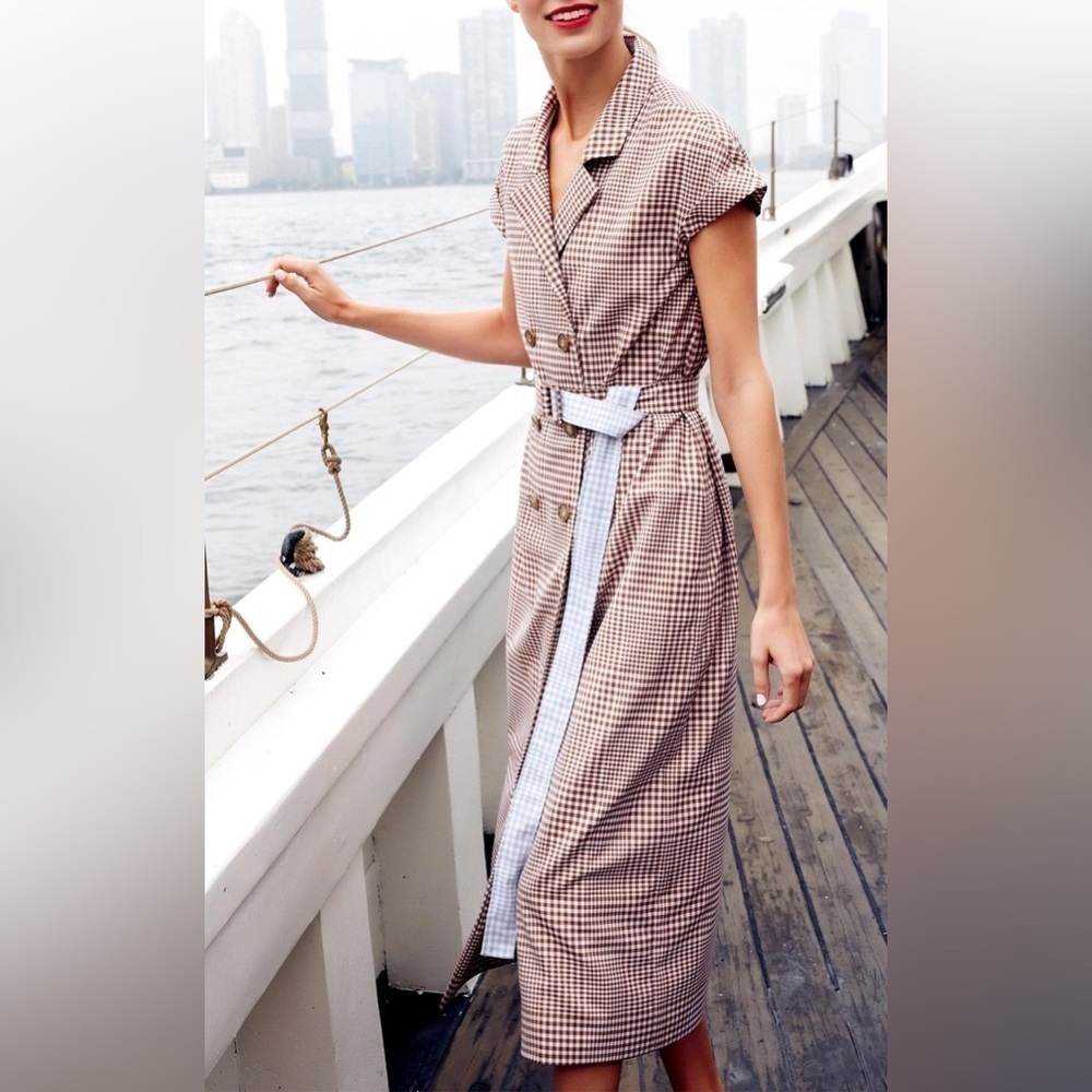 NEW Lela Rose Double Breasted Wool Belted Dress Gingham Chestnut Brown Blue‎ 14